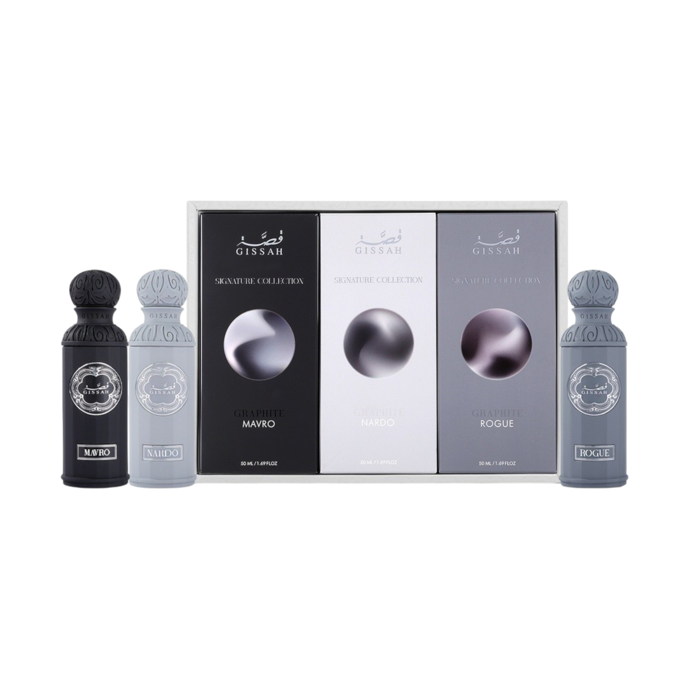 Graphite Set – Gissah – Masculine Eau de Parfum Collection – 3×50ml + 3 Mini Bags