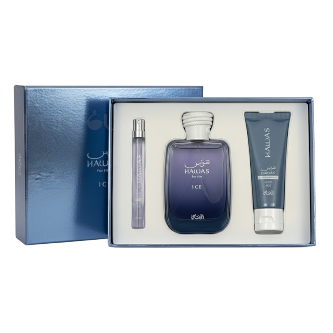 Rasasi – Hawas Ice Giftset (100ml EDP + 10ml Travel Spray + 60ml Shower Gel)
