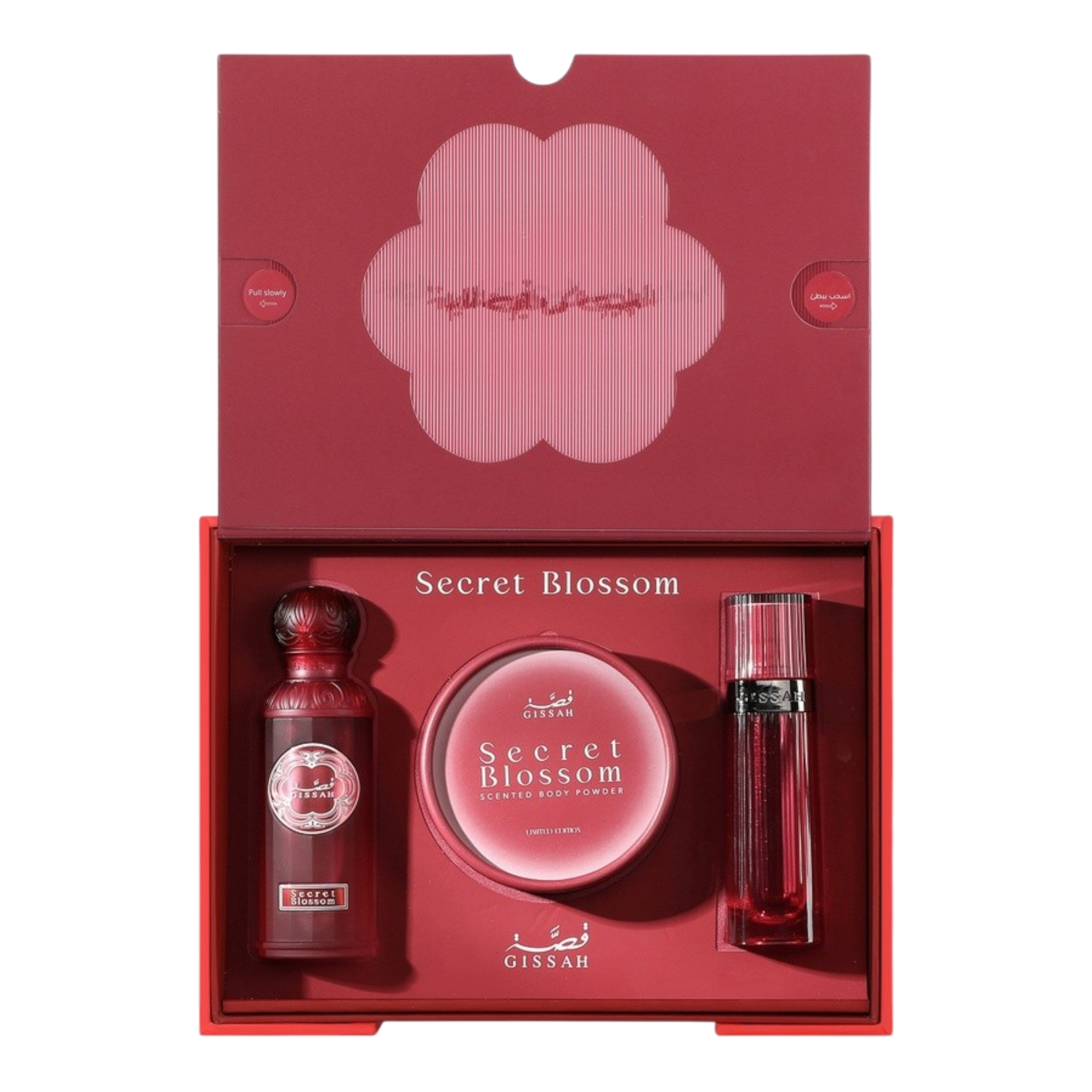 Geheim Bloesem Parfumset - Gissah Parfums Bevat: 50ml Eau de Parfum + 10g Geurende Lichaamspoeder + 20ml Khamriya Voor Haar