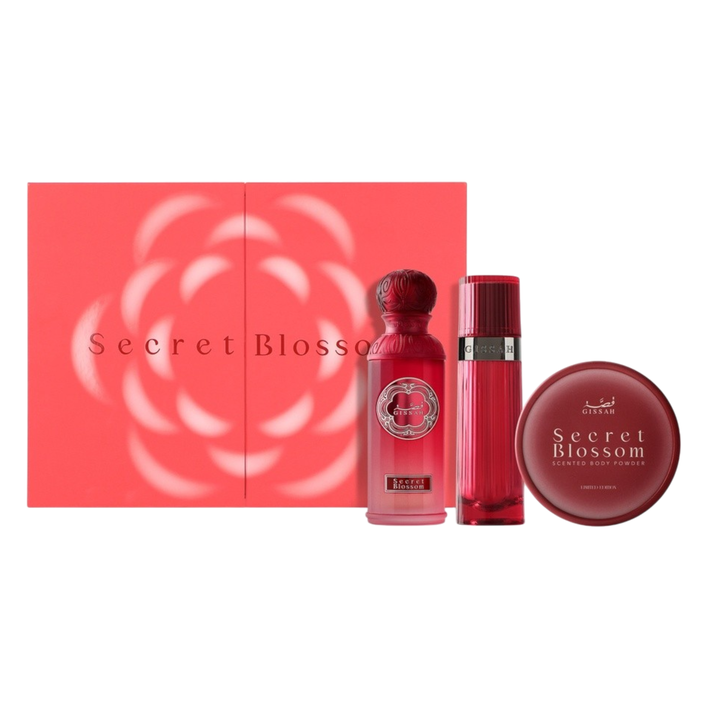 Geheim Bloesem Parfumset - Gissah Parfums Bevat: 50ml Eau de Parfum + 10g Geurende Lichaamspoeder + 20ml Khamriya Voor Haar